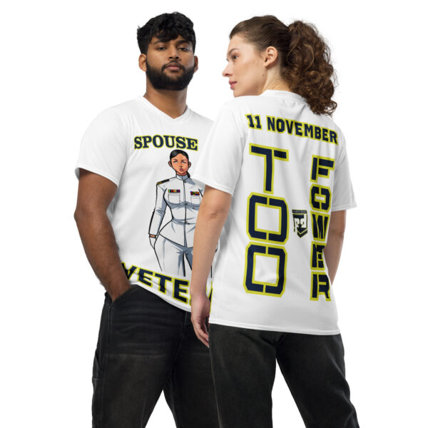 SPOUSE IS A VETERAN TOO FOWER Recycled Unisex Sports Jersey