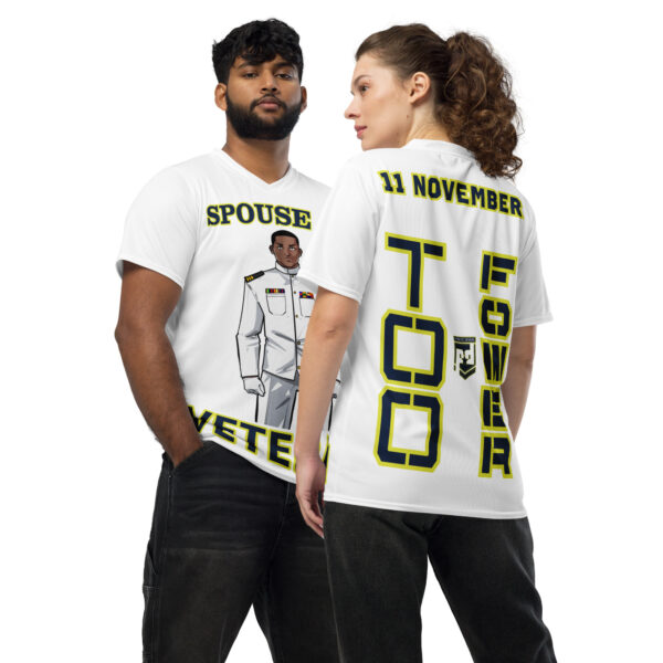 SPOUSE IS A VETERAN TOO FOWER Recycled Unisex Sports Jersey