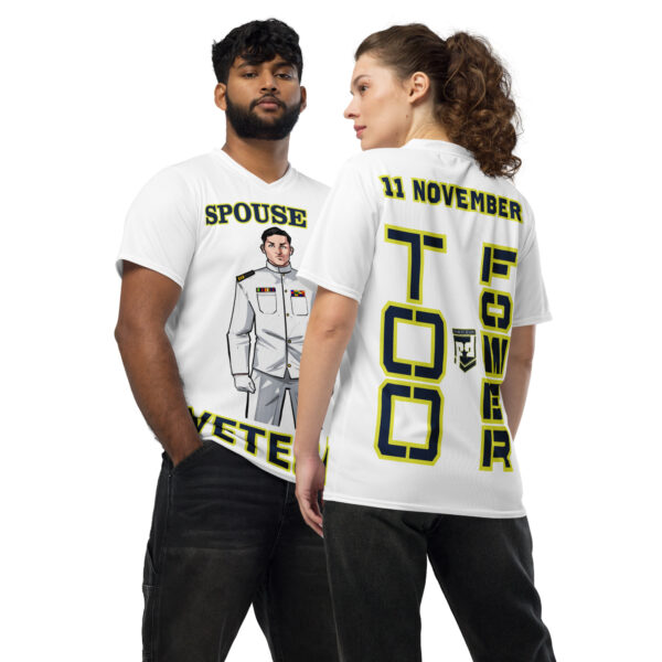 SPOUSE IS A VETERAN TOO FOWER Recycled Unisex Sports Jersey