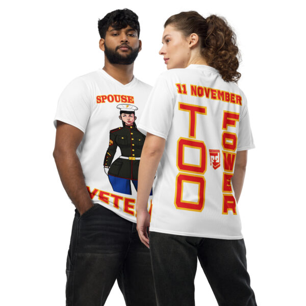 SPOUSE IS A VETERAN TOO FOWER Recycled Unisex Sports Jersey