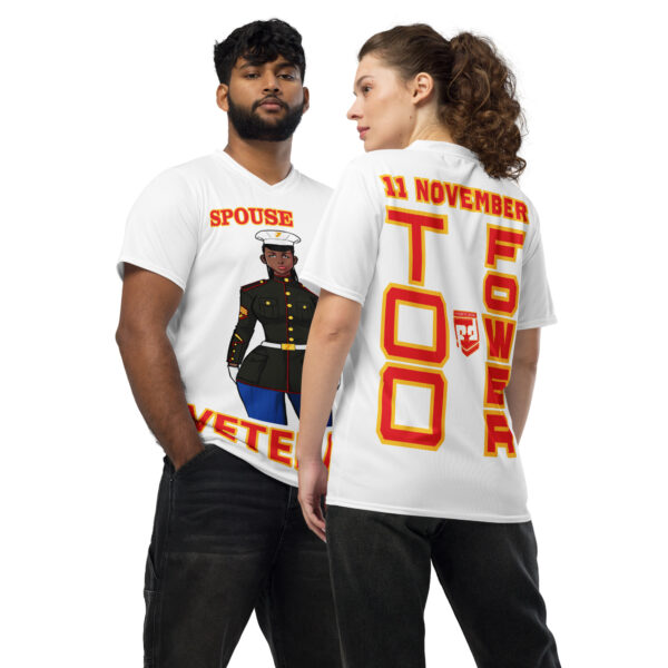 SPOUSE IS A VETERAN TOO FOWER Recycled Unisex Sports Jersey