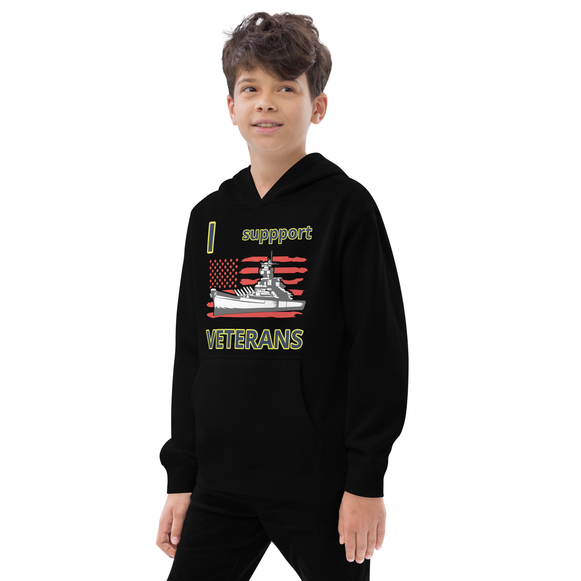 I SUPPORT VETERANS TOO FIFE Kids Fleece Hoodie - Image 3