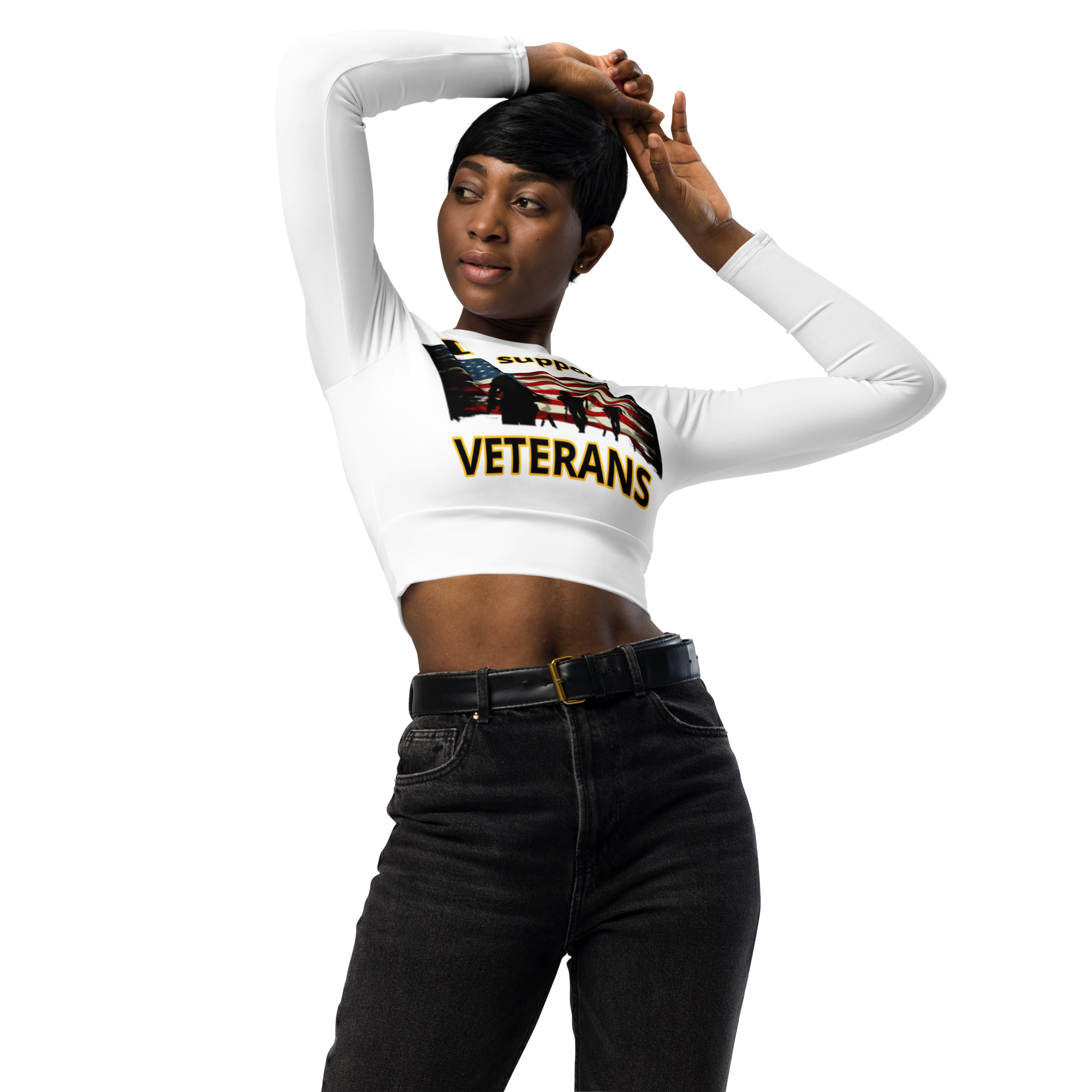 I SUPPORT VETERANS TOO SIKS Recycled Long-Sleeve Crop Top - Image 2